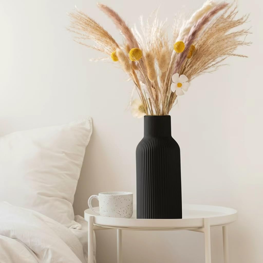 White Ceramic Flower Vases Set of 3, Modern Matte Vertical Ribbed, Nordic Minimalist Decor for Pampas, Dried & Fresh Flowers, Centerpiece for Living Room, Shelf, Entryway, Wedding,Office