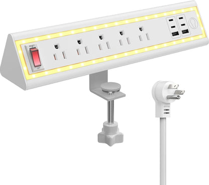 Desk Clamp Power Strip with Nightlight, 40W Fast Charging, 10FT Extension Cord, 4x20W USB-C & 2 USB Ports, 5 AC Outlets, Fits 1.69-Inch Table Edges