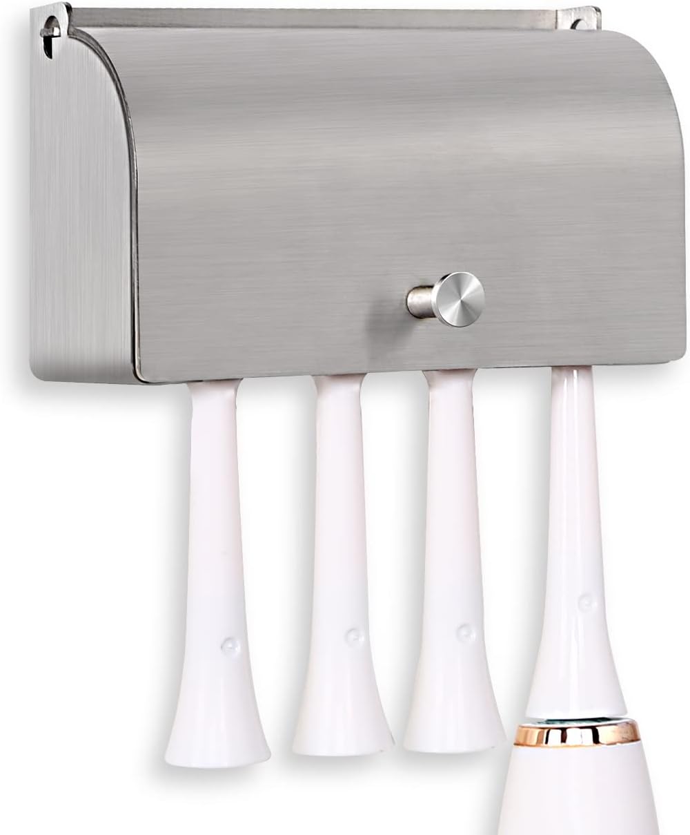 Toothbrush Holder, 304 Stainless Steel Dustproof Wall Mounted Self Adhesive Toothbrush Storage Organizer Stand Rack (9cm(4 Brush Slots))