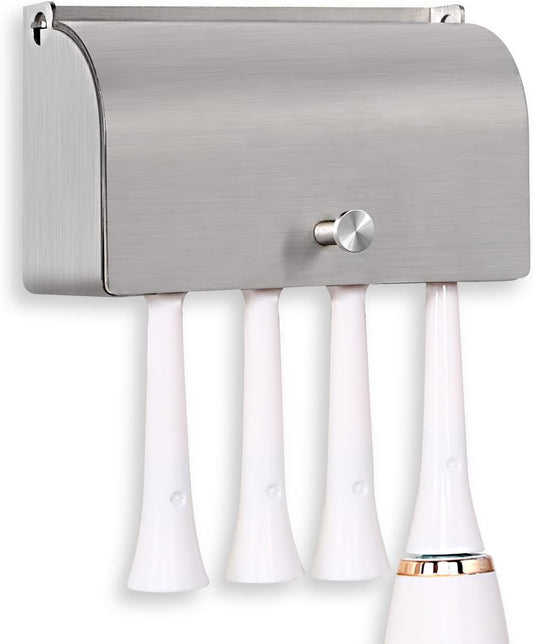 Toothbrush Holder, 304 Stainless Steel Dustproof Wall Mounted Self Adhesive Toothbrush Storage Organizer Stand Rack (9cm(4 Brush Slots))
