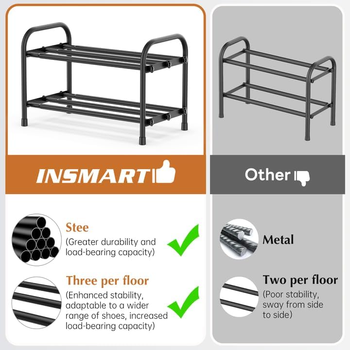 INSMART 3-Tier Expandable Shoe Rack, Stackable and Adjustable Shoes Organizer Storage Shelf, Sturdy and Durable Metal Structure Free Standing Shoe Rack for Closet Entryway Doorway