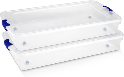 HOMZ 2-Pack Under Bed Storage, Clear Plastic Containers with Lids, 60 Quart, Gray Latch - Stackable Underbed Organizer Bins for Shoes, Bags, Clothes, and Towels