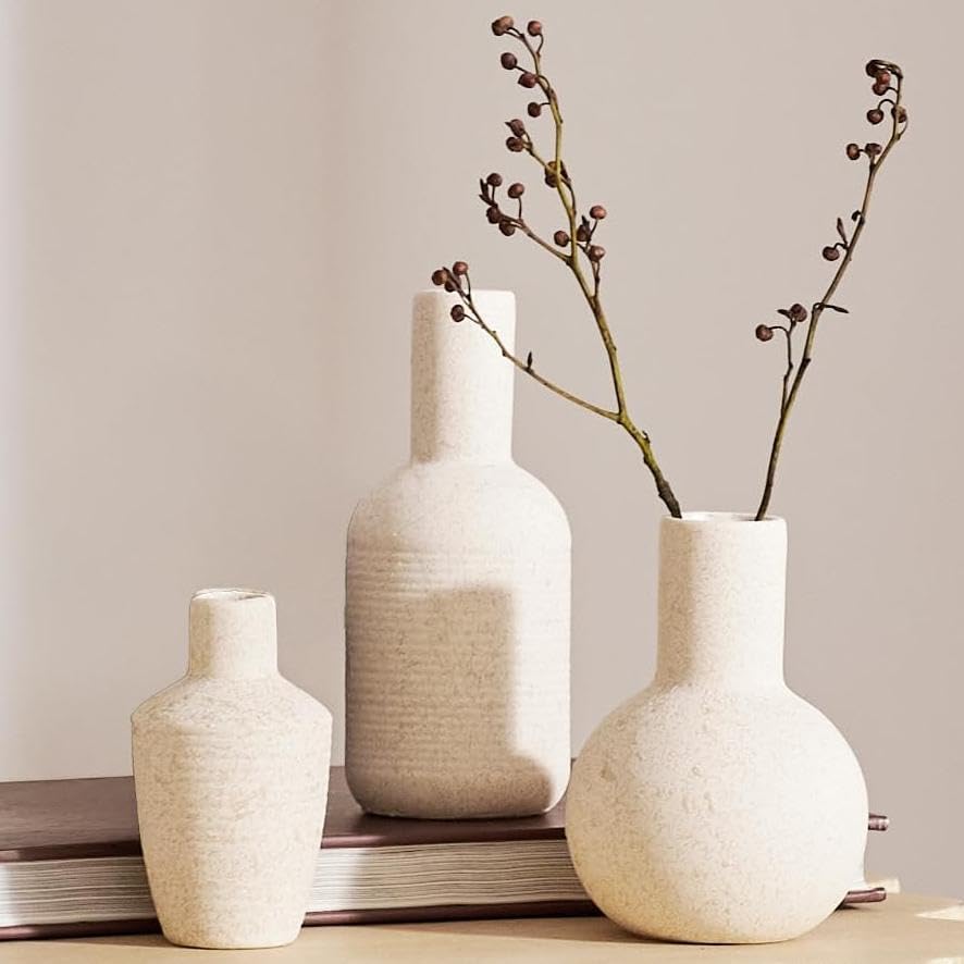 DN DECONATION Flower Vase Set of 3, Small Ceramic Vase Farmhouse Home Decor | Rustic Vases for Pampas Grass Dried Fresh Flowers, Living Room, Kitchen, Bedroom, Bathroom, Mantel Table Decor, Beige & Brown