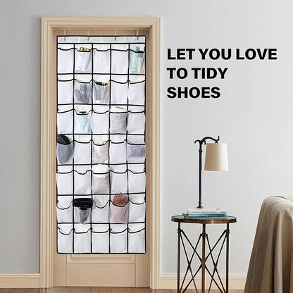 Over the Door Shoe Organizer,24 Mesh Pockets,Hanging Storage (White) | Large breathable mesh pockets for shoes, accessories,and small items,hanging storage holder for bedroom,closet,or entryway.