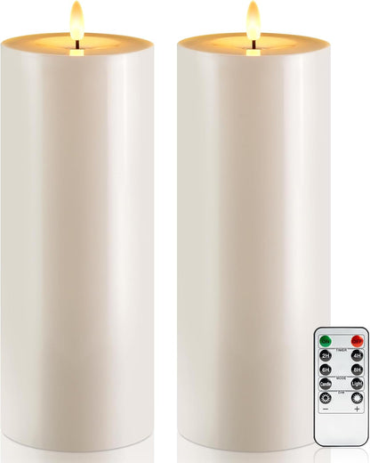 Raycare 3"x2.5" White Outdoor Waterproof Flameless Candles with Remote and Timer, Realistic LED Candles, Battery Operated Electric Fake Pillar Candles for Porch, Patio, Garden, Set of 2