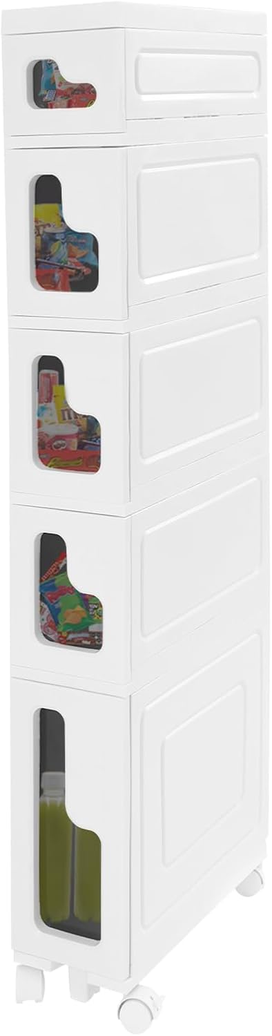 Narrow Bathroom Storage Cabinet with Drawers, 5.5" Slim Floor Standing Rolling Cart on Lockable Wheels, PP Unit with Toilet Paper Holder for Small Space, Kitchen, Laundry Room (3 Tier)