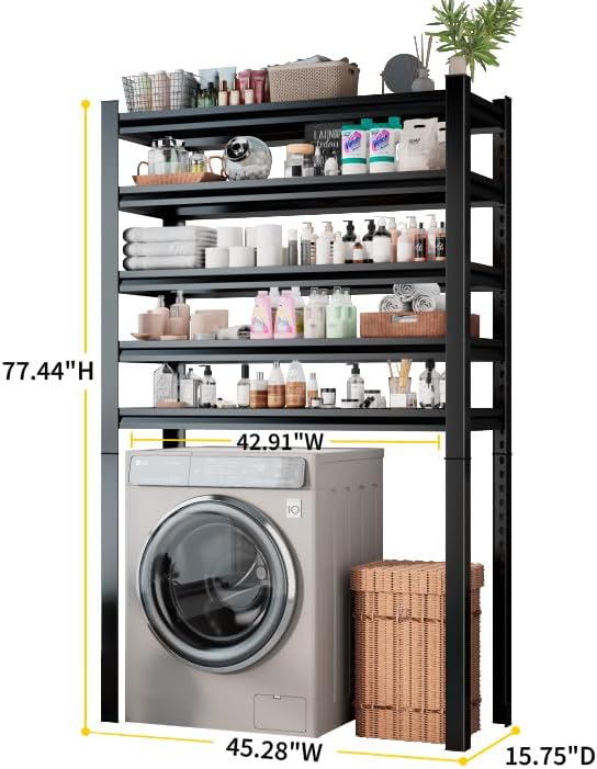 Over Washer and Dryer Shelves, Laundry Room Shelves Adjustable Metal Heavy Duty Freestanding Storage Shelves, Washing Machine Rack for Organization and Storage, Black (Black, 63''H*35.43''W*11.81''D)