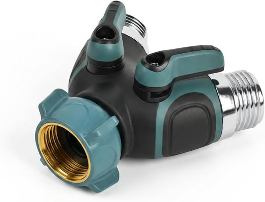 2 Way Garden Hose Splitter, Heavy Duty Metal Y Hose Connector with Shut Off Valves, Dual Outlet Water Spigot Splitter for 3/4" Garden Hose, Leak-Proof Design with Rubberized Grips
