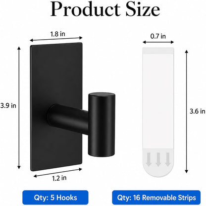Removable Towel Hooks for Bathrooms, Heavy Duty Adhesive Hooks for Walls No Damage, Black Home Storage Hooks for Inside Shower, Sticky Hooks for Hanging Robe Coat Loofah Clothes Kitchen, 14Pcs Sus304