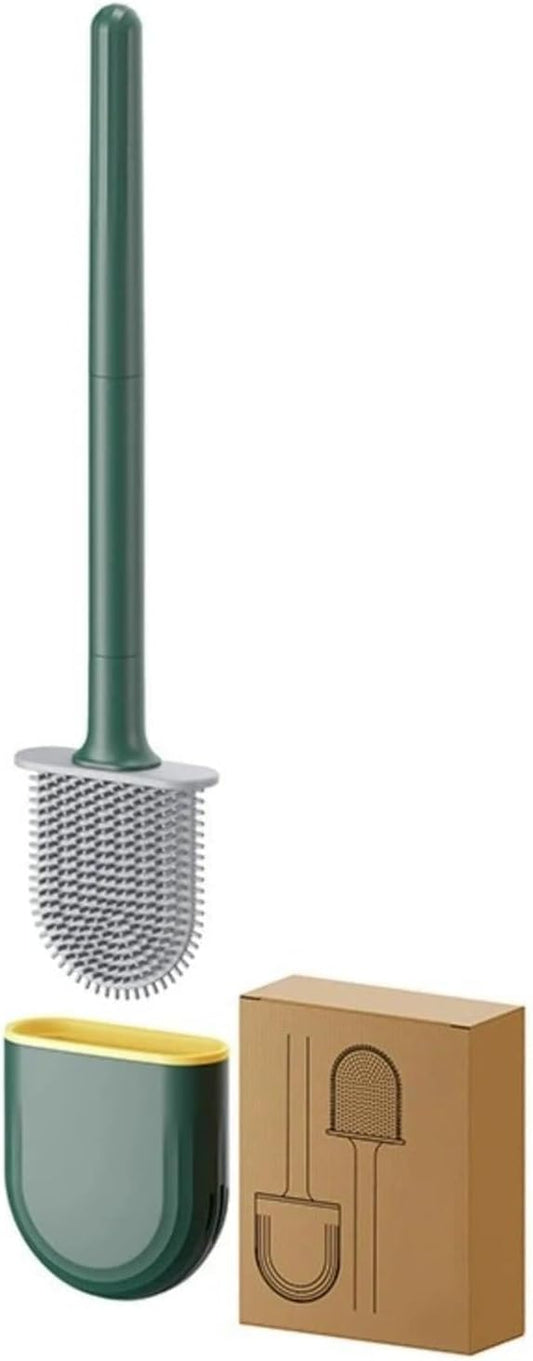 Silicone Toilet Brush with Wall-Mounted Holder - No Dead Corners, Quick-Drying, Drill-Free Bathroom Cleaner（Green）