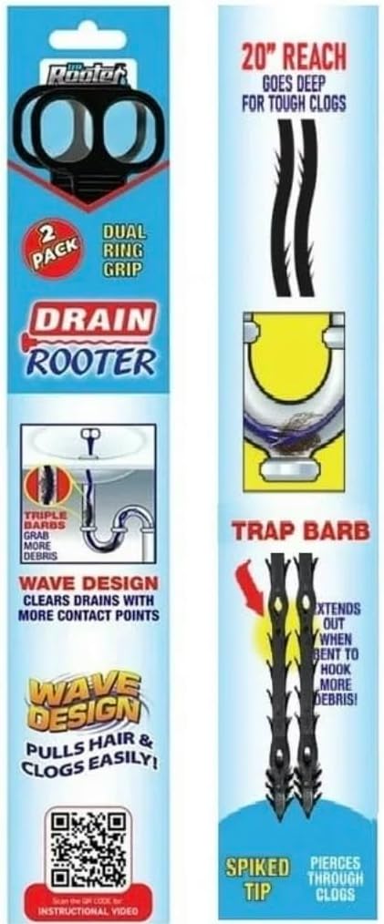 18-Inch Drain Snake Hair Clog Remover Tool - 2 Pack Flexible Plastic Drain Auger with Dual Ring Grip, Wave Design & Spiked Tip for Sink, Shower & Tub Cleaning