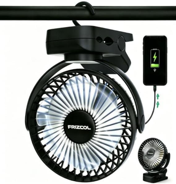 Clip on Fan 65 Hours Portable Desk Fan Rechargeable with LED Lights & Hooks 12000 Capacity Battery Operated Fan with Clips Small Desk Fan Mini Fans for Tents Travel Outdoor Camping Golf Cart Stroller