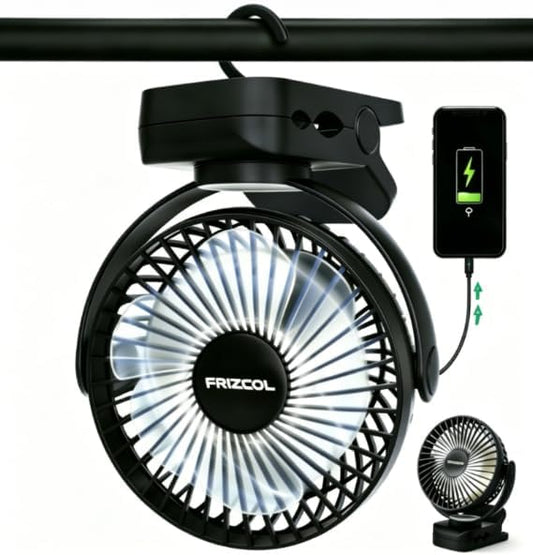 Clip on Fan 65 Hours Portable Desk Fan Rechargeable with LED Lights & Hooks 12000 Capacity Battery Operated Fan with Clips Small Desk Fan Mini Fans for Tents Travel Outdoor Camping Golf Cart Stroller