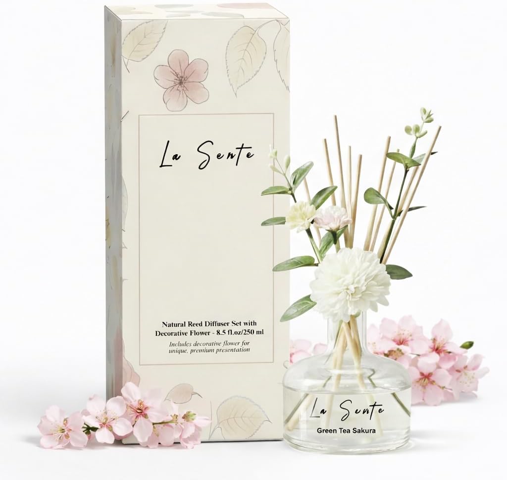 Reed Diffuser Set 8.5 fl oz / 250 ml Glass Bottle with Decorative Flower & Natural Reeds Flameless Home Fragrance for Bathroom Bedroom Office Honeydew Scent