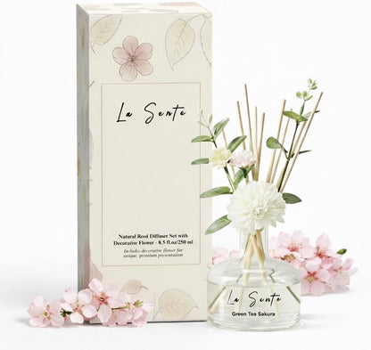 Reed Diffuser Set 8.5 fl oz / 250 ml Glass Bottle with Decorative Flower & Natural Reeds Flameless Home Fragrance for Bathroom Bedroom Office Honeydew Scent