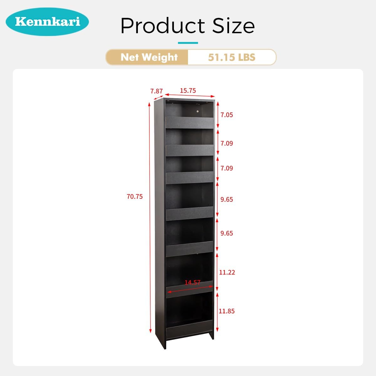 7 Tier multi-functional pull-out storage Cart for Next to Fridge, Rolling Slim Narrow Utility Cart for Small Spaces, Single sided open Spice Rack for Kitchen, Living Room & Narrow Spaces (White)
