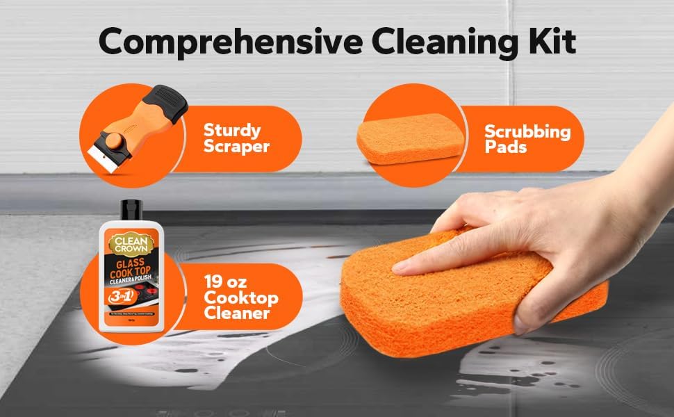 3-in-1 Cooktop Cleaner Kit (8.8 Oz Cooktop Cleaner + Scrubbing Pad + Scraper), Stovetop Cleaner for Electric Top Stoves, Ceramic Cooktops & Fireplace Glass, Remove Burned on Food, Grease