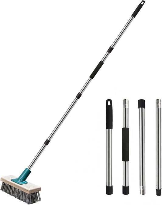 Push Broom Brush Stainless Steel Wire Scrub Brush with Long Handle for Moss, Tough Stains on Deck, Grout, Garage, Patio