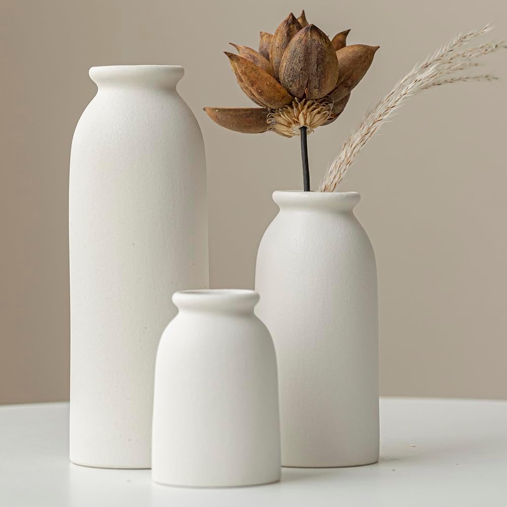 Ceramic Vase Set-3, Small Flower Vases for Decor, Modern Boho Farmhouse Style, Decorative Vases for Pampas Grass & Dried Flowers, Distressed Finish (Beige)