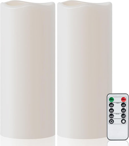 Amagic 3 Pack 4"x 6"8" 10" Outdoor Plastic Electric flameless Candles with Remote Control and Timer, Battery Operated Flickering LED Pillar Fake Candle for Home, Wedding Decor, Ivory