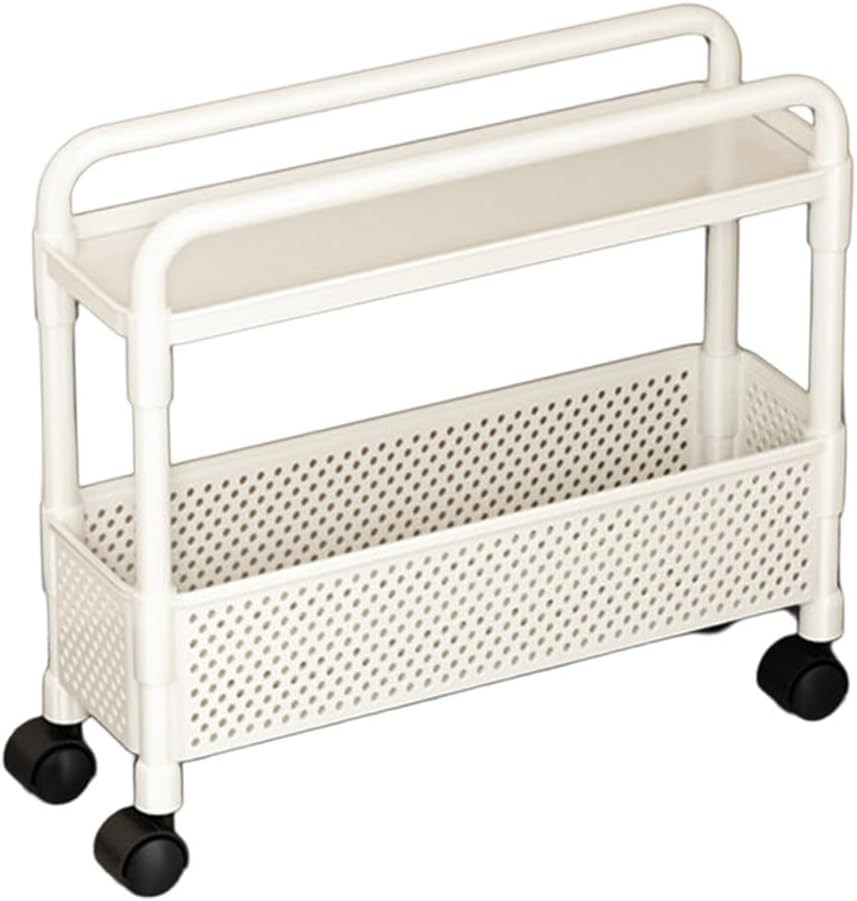 2-Tier Rolling Storage Cart with Wheels, Slim Plastic Organizer Rack for Kitchen, Bedroom, and Bathroom, 15.74x5.12x16.54in (White)