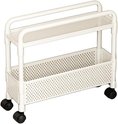 2-Tier Rolling Storage Cart with Wheels, Slim Plastic Organizer Rack for Kitchen, Bedroom, and Bathroom, 15.74x5.12x16.54in (White)