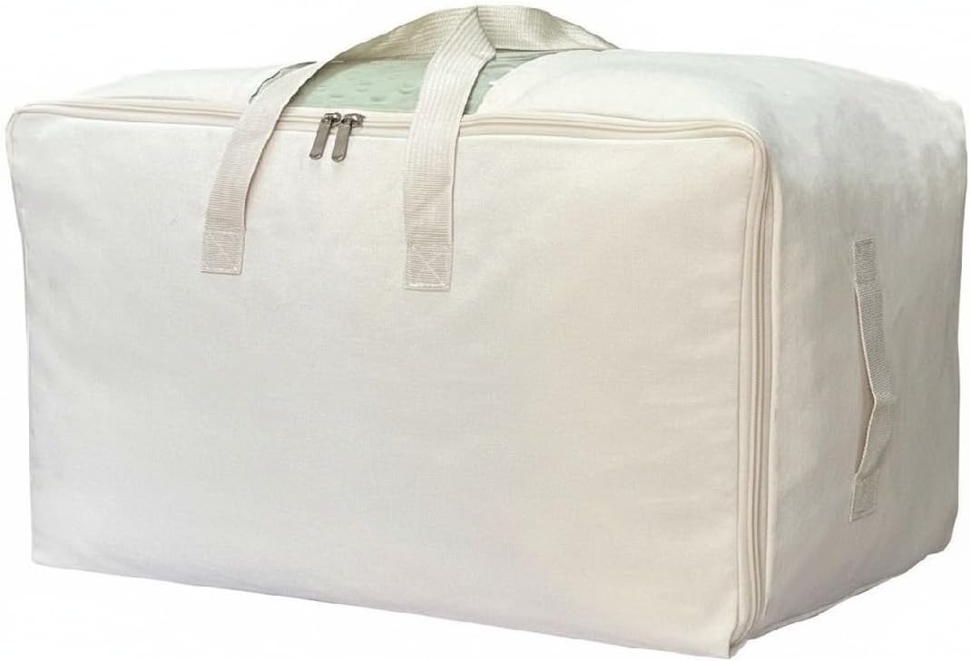 DoYiKe Soft Large Canvas Storage Bags with Zipper and Clear Window, Cotton Linen Storage Organizer for Pillows, Quilt, Blankets and Comforter, 80L, 4 Pack, Beige