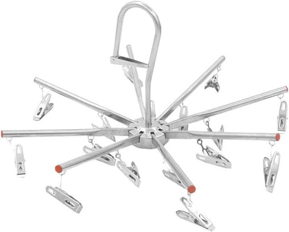 PRETYZOOM Foldable Drying Rack with 16 Clips, Portable Stainless Steel Octopus Hanging Dryer, Space-Saving Laundry Hanger for Underwear, Socks, Towels, Baby Clothes, Diapers