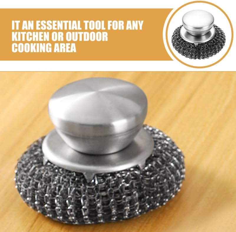 Stainless Steel Scrubber with Handle BBQ Grill Scrubber for Pots Pans and Dishes Non-Scratch Kitchen Metal for Tough Stains Scrubbing Tool 3.54X2.16X2.16In