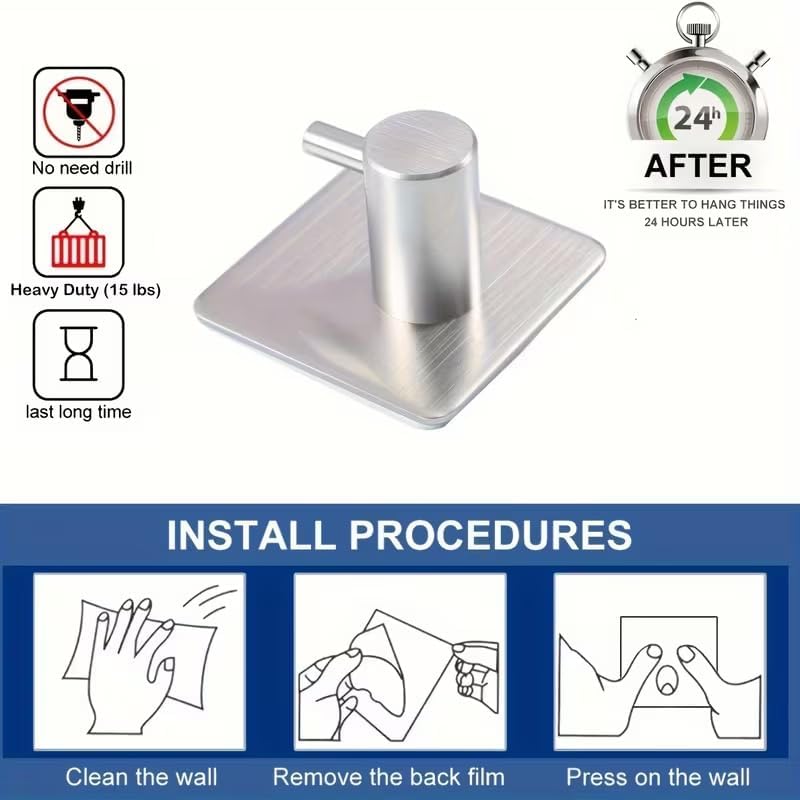 4pcs, Adhesive Heavy Duty Wall Hooks, Waterproof Stainless Steel Hooks, Wall Mount, Silvery