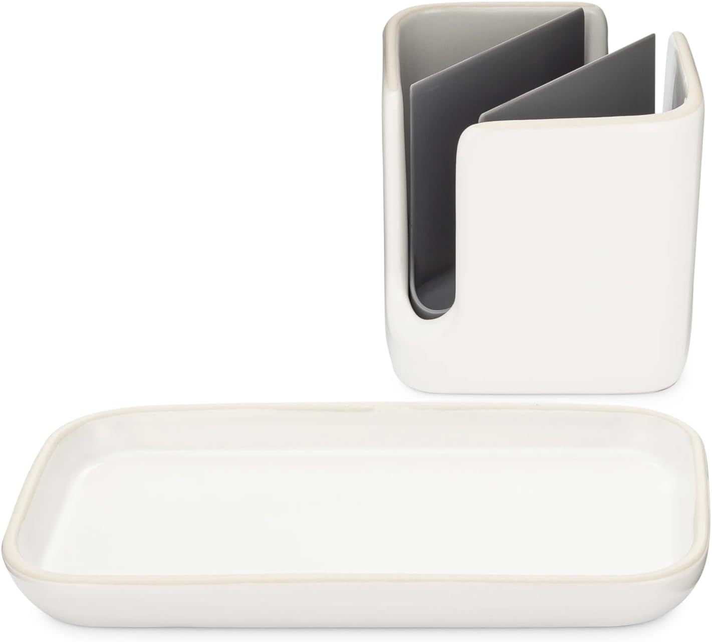 Full Circle Stash, Ceramic Kitchen Sink Caddy, Stylish Sponge Holder & Dish Brush Organizer, Easy to Clean, Dishwasher Safe, Rustproof, White and Gray, 11"