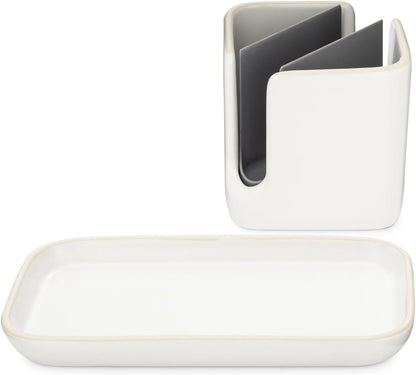 Full Circle Stash, Ceramic Kitchen Sink Caddy, Stylish Sponge Holder & Dish Brush Organizer, Easy to Clean, Dishwasher Safe, Rustproof, White and Gray, 11"
