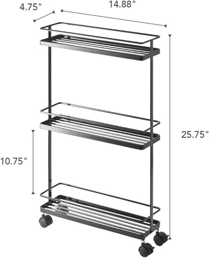 YAMAZAKI Home Tower Rolling Kitchen Island Three Tier Metal Storage Cart - Portable Organizer Shelves Utility Cart, 26" - Steel -