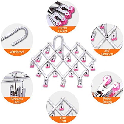 Drying Hanger, Hanging Drying Rack, Drip Hanger Stainless Steel with 18 Pegs for Laundry Underwear Socks, Quickly Remove Clothes from Hanger, Windproof, Folding Portable, (Red)