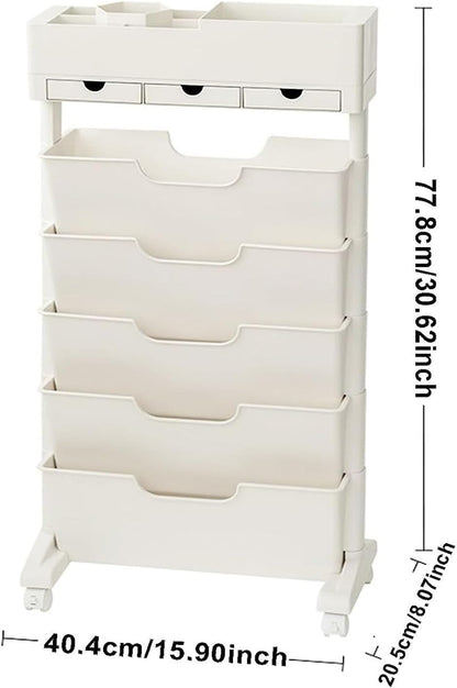 Rolling Bookshelf Cart with Wheels, 6 Tier Movable Bookshelf for Storage, Portable Bookshelf on Wheels for Kitchen Bathroom Office, Slim Book Cart, Off White