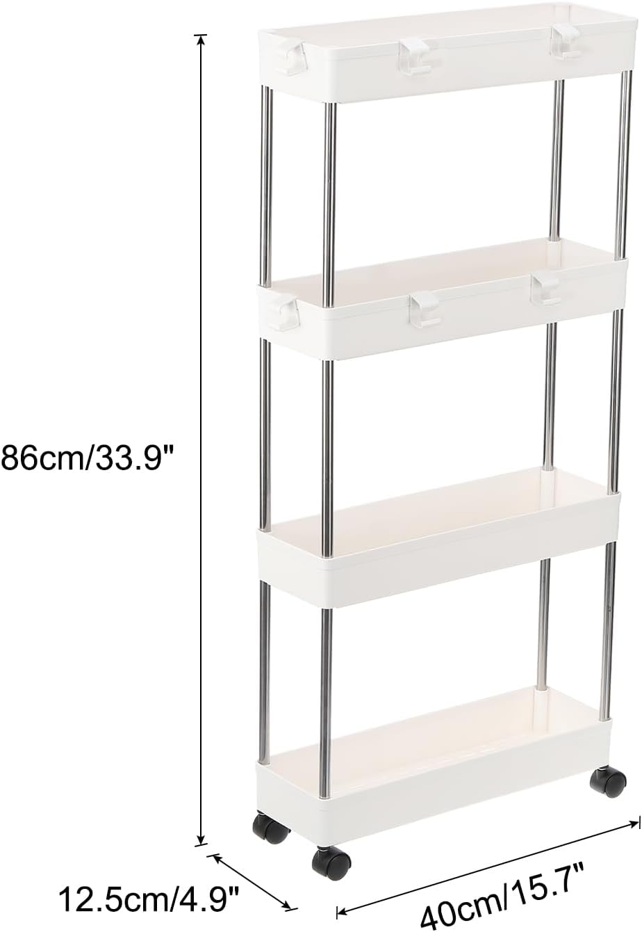 PATIKIL Slim Storage Cart, 4 Tier Mobile Shelving Unit Bathroom Storage Organizer Rolling Utility Cart Storage Slide Cart for Bathroom Office Kitchen, White