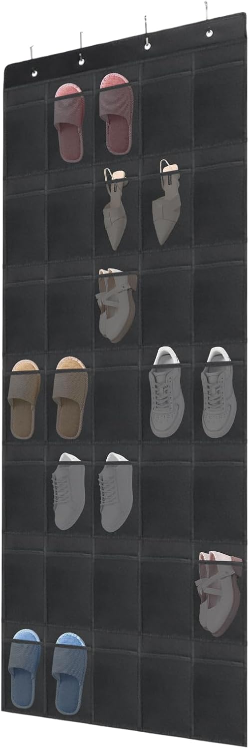 Over the Door Shoe Organizer, 12 Mesh Pockets Hanging Shoe Organizer with 4 Metal Hooks (Black)