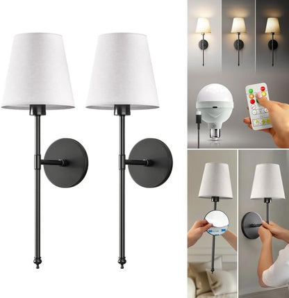 PRIDOLA Set of 2 Wireless Wall Sconces – Stick-On or Screw Mount - Rechargeable LED Bulbs, Remote Controlled, Adjustable Brightness & Warmth, Easy Installation, Living Room Wall Decor (Gold)
