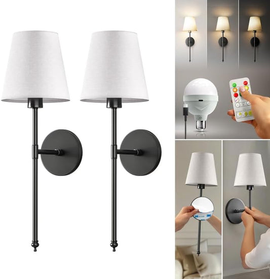 PRIDOLA Set of 2 Wireless Wall Sconces – Stick-On or Screw Mount - Rechargeable LED Bulbs, Remote Controlled, Adjustable Brightness & Warmth, Easy Installation, Living Room Wall Decor (Gold)