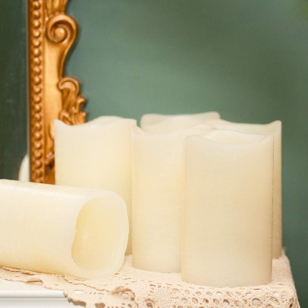 H-BLOSSOM Flameless Candles Battery Operated Real Wax Pillar LED Candles with 10 Key Remote Control Cycling 24 Hours Timer Set of 6 (3" x 6" Remote)