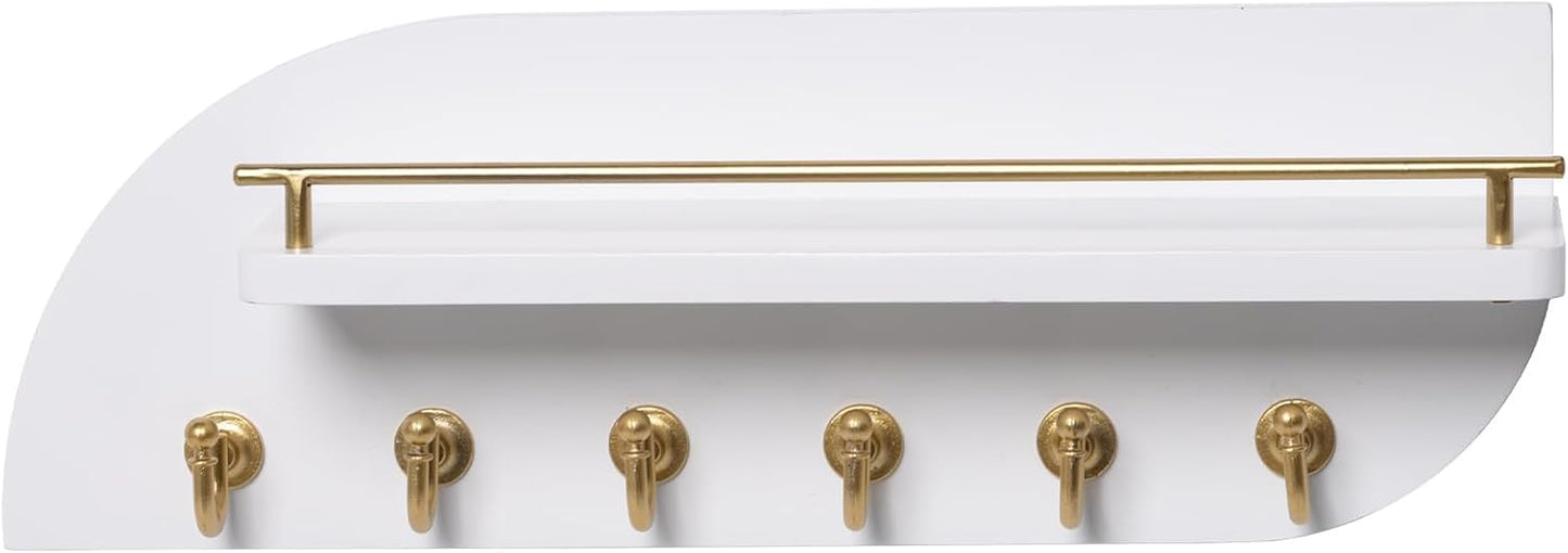 Key Holder for Wall, Decorative Key and Mail Organizer with 6 Sturdy Metal Hooks and Floating Shelf, 14 Inches Wood Wall Mounted Key Rack for Entryway, White and Gold