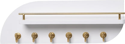 Key Holder for Wall, Decorative Key and Mail Organizer with 6 Sturdy Metal Hooks and Floating Shelf, 14 Inches Wood Wall Mounted Key Rack for Entryway, White and Gold