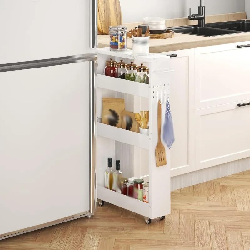 Slim Storage Cart, 5 in Width, 3-Tier White Rolling with Handle & Wooden Top