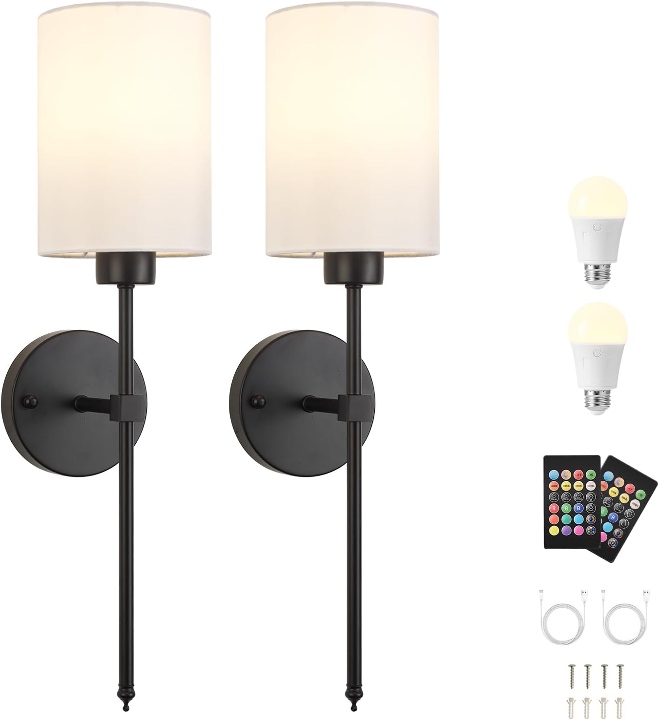 Battery Operated Wall Sconces Set of Two,Wireless Rechargeable Wall Light With Remote Control, Dimmable, Amber Light/Warm White/Natural White/Daylight/RGB, Timer,for Living Room,Bedroom,Entryway,Gold