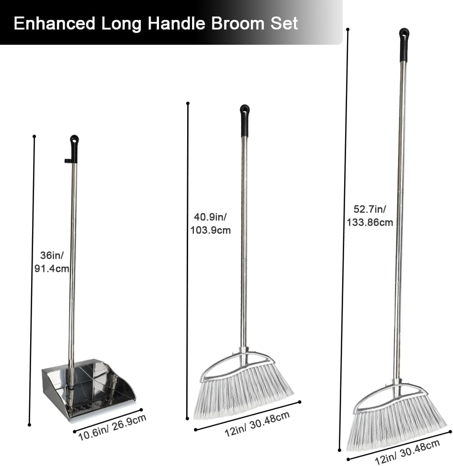 Stand Up Metal Dustpan & Stiff Bristle Broom Set–Heavy Duty for Yard, Patio | No-bend stand up design / Heavy duty metal dustpan with teeth / 4-layer stiff Bristle broom / For outdoor floor sweeping