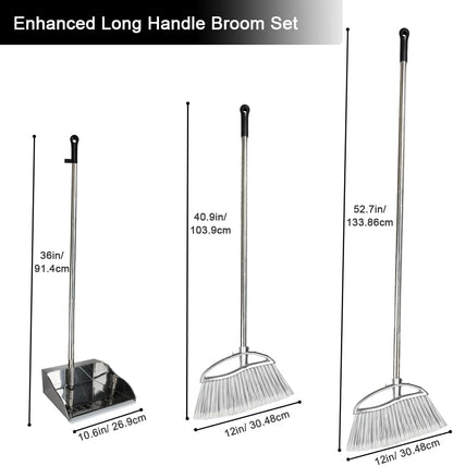 Stand Up Metal Dustpan & Stiff Bristle Broom Set–Heavy Duty for Yard, Patio | No-bend stand up design / Heavy duty metal dustpan with teeth / 4-layer stiff Bristle broom / For outdoor floor sweeping