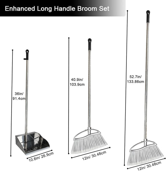 Stand Up Metal Dustpan & Stiff Bristle Broom Set–Heavy Duty for Yard, Patio | No-bend stand up design / Heavy duty metal dustpan with teeth / 4-layer stiff Bristle broom / For outdoor floor sweeping