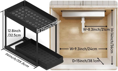 2 Pack black Under Sink Organizers and Storage, 2-Tier Sliding Cabinet Basket Organizer with Hooks, Multi-Purpose Under Sink Organizers and Storage for Bathroom Kitchen