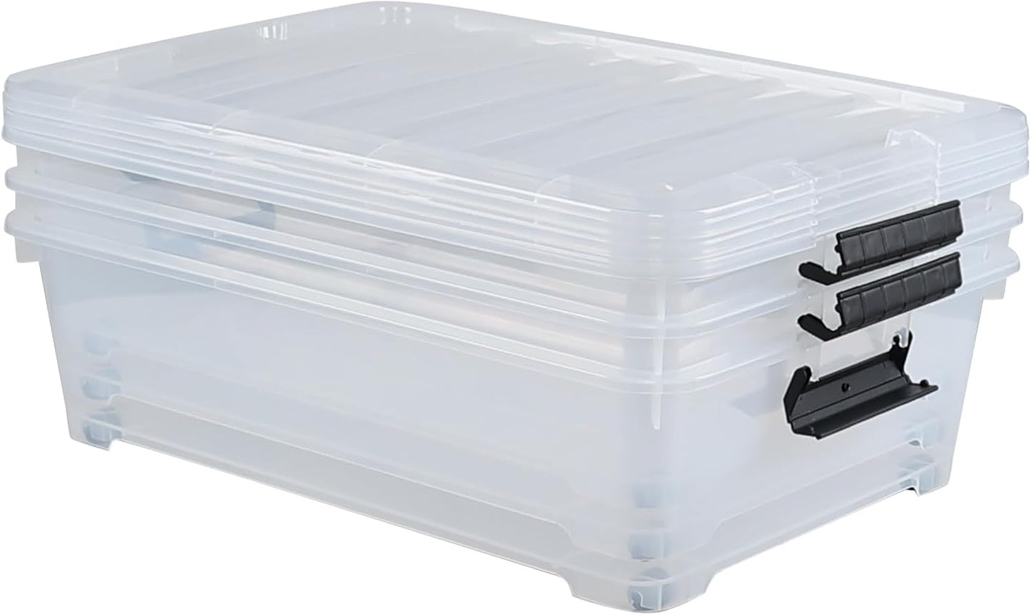 Hespama 3 Pack Plastic Rolling Storage Box Bin for Under the Bed, 20 Quart | Lidded Storage Container Bin, Clear