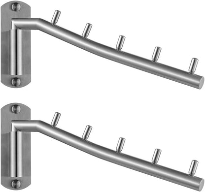 JQK Folding Clothes Hanger Rack, Stainless Steel Swing Arm Hook Holder, Clothing Hanging System Drying Closet Storage Organizer Brushed Finished Wall Mount 2 Pack, SHR100-BN-P2